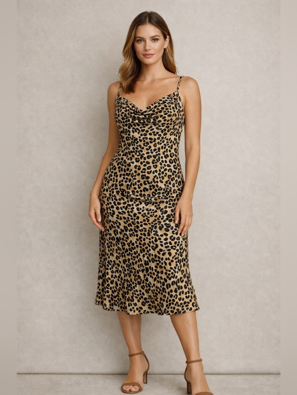 BCBG Leopard-Print Cowl Midi Dress in Black and Tan